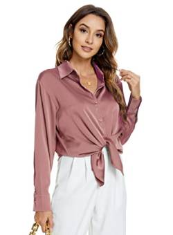 Atnlewhi Damen Bluse Langarm Knöpfen Satin Seide Hemden Basic Kent Kragen Arbeit Büro Formelle Casual Blusen Shirt - Vermilion - L von Atnlewhi