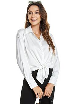 Atnlewhi Damen Bluse Langarm Knöpfen Satin Seide Hemden Basic Kent Kragen Arbeit Büro Formelle Casual Blusen Shirt - Weiß - L von Atnlewhi