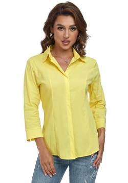 Atnlewhi Damen Button-Down-Shirt, 3/4-Ärmel, Business, Stretch, Arbeit, Büro, formell, lässig, Bluse, Tops, zitronengelb, Groß von Atnlewhi