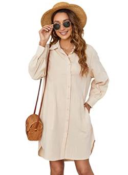 Atnlewhi Damen Hemd-Bluse Kleider Langarm Baumwolle Casual Blusenkleid Lang mit Taschen - Aprikosenfarbe - XL von Atnlewhi