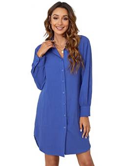 Atnlewhi Damen Hemd-Bluse Kleider Langarm Baumwolle Casual Blusenkleid Lang mit Taschen - Brillant Blau - M von Atnlewhi