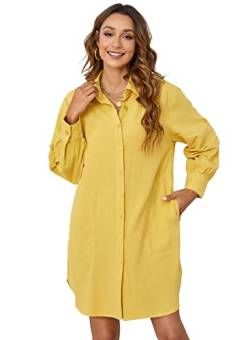 Atnlewhi Damen Hemd-Bluse Kleider Langarm Baumwolle Casual Blusenkleid Lang mit Taschen - Gelb - L von Atnlewhi