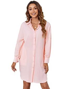 Atnlewhi Damen Hemd-Bluse Kleider Langarm Baumwolle Casual Blusenkleid Lang mit Taschen - Rosa - M von Atnlewhi