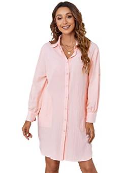 Atnlewhi Damen Hemd-Bluse Kleider Langarm Baumwolle Casual Blusenkleid Lang mit Taschen - Rosa - XL von Atnlewhi