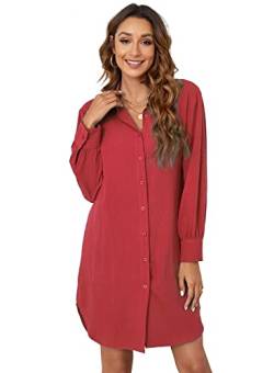 Atnlewhi Damen Hemd-Bluse Kleider Langarm Baumwolle Casual Blusenkleid Lang mit Taschen - Rotwein - XL von Atnlewhi