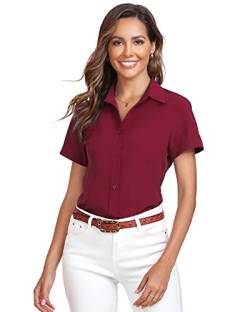 Atnlewhi Damen Kurzarm Knöpfen Hemden Basic Kent Kragen Arbeit Büro Stretch Slim Fit Formelle Casual Blusen - Rotwein - L von Atnlewhi