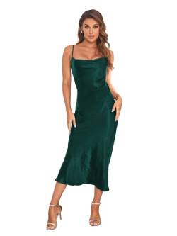 Atnlewhi Damen Satin Sexy Spaghettiträger Slip Kleid Nachtkleid Wasserfallkragen Midi Kleider Sommer für Frauen Partykleider - Dunkelgrün - M von Atnlewhi