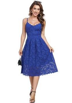 Atnlewhi Damen Vintage ärmellosen V-Ausschnitt A-Linie Kleid Blumen Knielang Spitzenkleid Brautjungfer Elegante Cocktailkleider - Farbe Blau - M von Atnlewhi