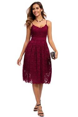 Atnlewhi Damen Vintage ärmellosen V-Ausschnitt A-Linie Kleid Blumen Knielang Spitzenkleid Brautjungfer Elegante Cocktailkleider - Rotwein - XL von Atnlewhi