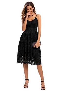 Atnlewhi Damen Vintage ärmellosen V-Ausschnitt A-Linie Kleid Blumen Knielang Spitzenkleid Brautjungfer Elegante Cocktailkleider - Schwarz - L von Atnlewhi