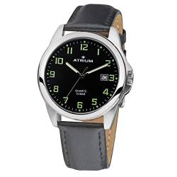 Atrium Herren-Armbanduhr sehr deutlich silberfarben Leuchtzeiger Leuchtziffern Datum Quarz 10 Bar Lederband A16-11 von Atrium