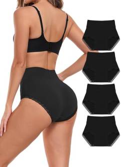 Attraco Unterhosen Damen Baumwolle Hohe Taille Stretch Unterwäsche Frauen Leichter Pantie Atmungsaktiv Panties Hipster Schwarz*4 M von Attraco