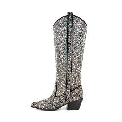 Atuelang Damen Strass Cowgirl Stiefel Glitzernd Spitze Zehen Cowboy Western Mode Stiefel, Schwarz, 39 EU von Atuelang