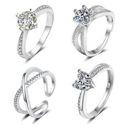 Aucuu 4PCS 925 Sterling Silber Ring Damen, einstellbare Ring Zirkonia ringe Damenring, Schmuck geschenk für Verlobung, Versprechen, Jahrestag von Aucuu