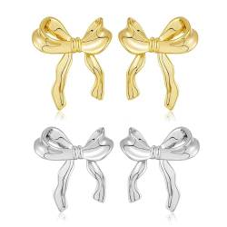 Aucuu Bow Earrings, 18K Ohrringe Gold Silber Schleifen Ohrringe, Schleifenohrringe S925 Silbernadel Silber + Gold 2 Paar von Aucuu