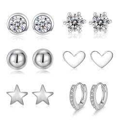 Aucuu Damen Ohrstecker Silber 925 Klein Set, 6 Paar 925 Sterling Silber Ohrstecker Creolen Ohrringe Set, Zierliche Knorpel Tragus Helix Kreis von Aucuu