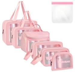 Aucuu Reise Kulturbeutel, Transparente Kosmetiktasche, PU-Leder PVC Kulturtasche Organizer, Tragbare Kultur Waschtasche, Reißverschluss Make up Tasche für Damen Männer 6PC (Rosa) von Aucuu