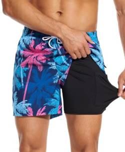 Aueyan Herren-Badehose, 14 cm, mit Kompressionsfutter, Reißverschlusstaschen, schnell trocknend, Badehose, lustige Strand-Boardshorts, Palme, L von Aueyan