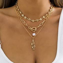 Aukmla Boho-Halskette mit Schlangenanhänger, Goldfarben, Perlen-Choker-Halskette, Schmuck für Frauen und Mädchen (3 Stück) von Aukmla