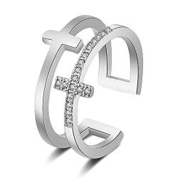 Aukmla Kreuz Ring Silber Kristall Band Ringe Verstellbarer Offener Ring Christlicher Religiöser Schmuck Fingerringe für Frauen und Mädchen von Aukmla