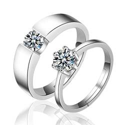 Aukmla Verlobungsring-Set für Paare, Silber, Kristall, verstellbar, offener Ring, Cubic Zirkonia, Ehering für Damen und Herren von Aukmla