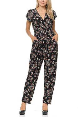 Auliné Collection Damen Jumpsuit mit kurzen Flügelärmeln, V-Ausschnitt, lange Hose - Schwarz - Large-X-Large von Auliné Collection