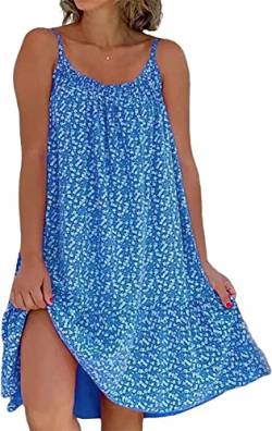 Camibloom - Floral Printed Camisole Kleid, Damen Sommer Loose Fit Ärmelloses Spaghettiträger Blumenmuster Minikleid (L, Blau) von Aumude