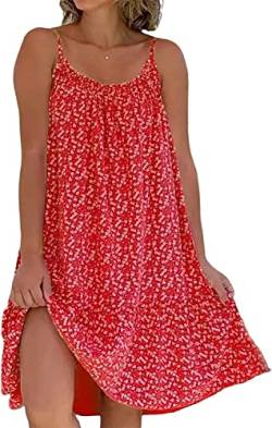 Camibloom - Floral Printed Camisole Kleid, Damen Sommer Loose Fit Ärmelloses Spaghettiträger Blumenmuster Minikleid (S, Rot) von Aumude
