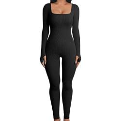 Aunaeyw Damen Jumpsuits Sexy Gerippter Strick Bodycon Quadratischer Ausschnitt Langarm Einteiler Strampler Jumpsuit Yoga Workout Unitard Playsuit, A-schwarz, 36 von Aunaeyw