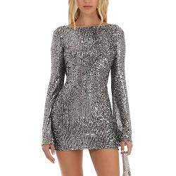 Aunaeyw Frauen Pailletten Party Minikleid Sparkly Langarm Tie-Up Rückenfrei Cocktailkleid Glitzer Kurz Club Party Kleid, silber, Small von Aunaeyw