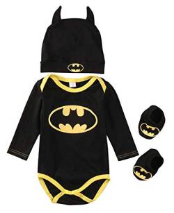 Aunaeyw Newborn Infant Baby Boy Girl 3Pcs Set Clothes Set Batman Rompers+Shoes+Hat Outfits Gift Batman Cloth Suit Babysuit (Long Sleeve, 0-6 Months) von Aunaeyw