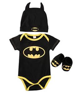 Aunaeyw Newborn Infant Baby Boy Girl 3Pcs Set Clothes Set Batman Rompers+Shoes+Hat Outfits Gift Batman Cloth Suit Babysuit (Short Sleeve, 0-6 Months) von Aunaeyw