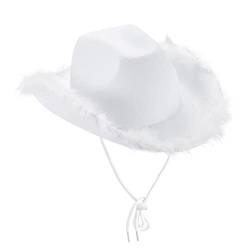 Aunaeyw Women Cowgirl Hat Cowboy Hats Fluffy Feather Brim Cowboy Hat for Bachelor Party,Holiday,Costume Party,Play Dress Up,Halloween Cosplay (White01, 32cm*42cm*18cm) von Aunaeyw