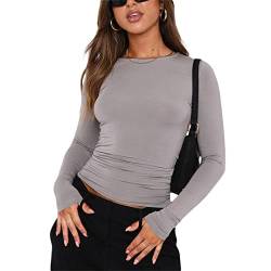 Aunaeyw Y2K Langarm-Pullover mit Rundhalsausschnitt für Damen, UK Tiktok, schmale Passform, plissiert, strukturiertes bauchfreies Top, geripptes Hemd, Bluse, Tops, Streetwear, D-light Grau, Small von Aunaeyw