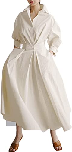 Damen Maxikleid Oversized Hemdkleid Langarm Knopf Gesmoktes Langes Kleid mit Taschen Swing Beachwear Partykleid, beige, Medium von Aunaeyw