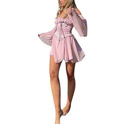 Schulterfreies Minikleid für Damen, mit Puffärmeln und Ärmeln, unregelmäßig, verstellbar, Schnürung, gerüschtes Netzgewebe, kurzes Kleid ohne Bustier, Kleid in Rosa, L von Aunaeyw