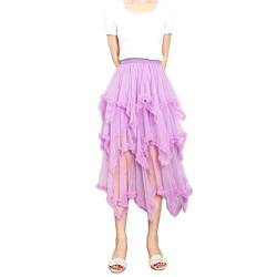 Women Layered Tulle Long Skirt Mesh Tull High Waist Solid Color Frill Trim Ruffle Midi Skirt (Purple, One Size) von Aunaeyw