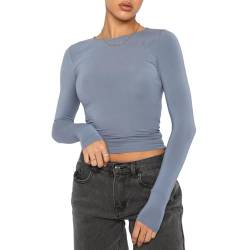 Women Slim Fit Basic Crop Tops Long Sleeve Crew Neck T-Shirts Casual Y2K Streetwear (Light Blue, M) von Aunaeyw
