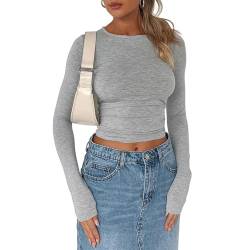 Women Slim Fit Basic Crop Tops Long Sleeve Crew Neck T-Shirts Casual Y2K Streetwear (Light Grey, S) von Aunaeyw