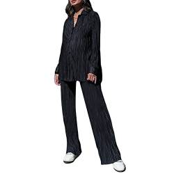 Women 's Casual 2 Piece Outfits Long Sleeve Button Down Pleated Shirt High Waist Long Trousers Set Loungewear Streetwear (Black, L) von Aunaeyw