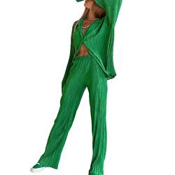 Women 's Casual 2 Piece Outfits Long Sleeve Button Down Pleated Shirt High Waist Long Trousers Set Loungewear Streetwear (Green, L) von Aunaeyw