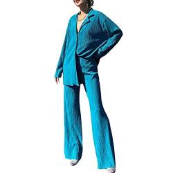 Women 's Casual 2 Piece Outfits Long Sleeve Button Down Pleated Shirt High Waist Long Trousers Set Loungewear Streetwear (Lake Blue, L) von Aunaeyw