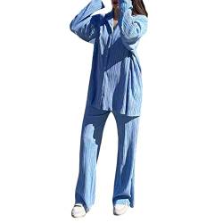 Women 's Casual 2 Piece Outfits Long Sleeve Button Down Pleated Shirt High Waist Long Trousers Set Loungewear Streetwear (Light Blue, M) von Aunaeyw