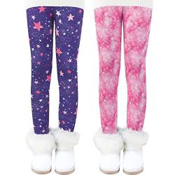 Auranso Thermo Leggings Mädchen Gefütterte Thermoleggings Warme Winter Dick Thermohose für Kinder,2er-Pack Lila Sterne/Rosa Sterne 104-110 von Auranso