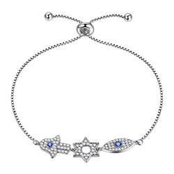 Aurora Tears Hamsa Fatima Hand Armbänder 925 Sterling Silber Blau Evil Eye Charm Davidsterne Armband Sechs Punkt Schmuck für Frauen DB0110W von Aurora Tears