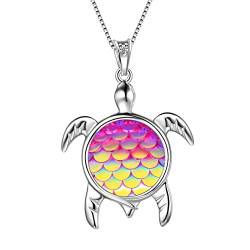 Aurora Tears Schildkröte Halskette Meeresschildkröte Anhänger 925 Sterling Silber Oktober Geburtsstein Farbverlauf Bunte Meerjungfrau Schuppen Süße Tier Anhänger Charm Halskette DP0325O von Aurora Tears