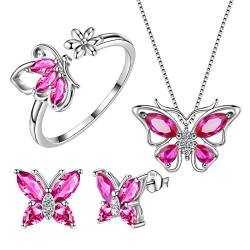 Aurora Tears Schmetterling Halskette/Ohrringe/Ringe Set 925 Sterling Silber Juli Birthstone Red Ruby Jewelry Set Tiere Schmuck Geschenk für Frauen und Mädchen DS0039R von Aurora Tears