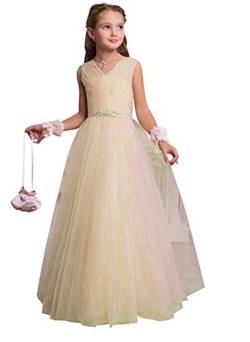 Aurora dresses Mädchen V-Ausschnitt Blumenmädchenkleid Lang Hochzeit Fest Mädchen Kleid mit Strass Bunch Kinderkleid Partykleid Kommunionkleid(Champagner,9-10 Jahre) von Aurora dresses