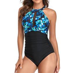 Ausla Damen Badeanzug Neckholder Bademoden Print Einteilige Tankini Swimsuits(L-Blaue Blumen) von Ausla