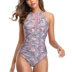 Ausla Damen Badeanzug Neckholder Bademoden Print Einteilige Tankini Swimsuits(XXL-Rosa) von Ausla